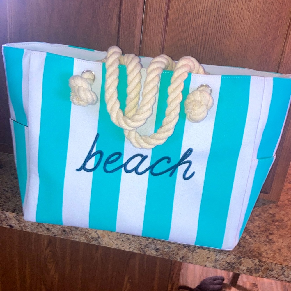 Striped Beach Tote Bag - Turquoise and White
